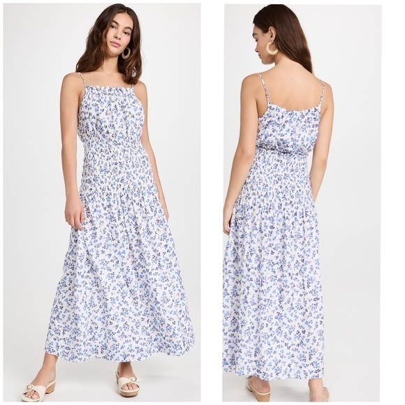 Sundry Ditzy Floral Smocked Maxi Dress in Serenity White & Blue NWT Womens Med - Picture 1 of 16